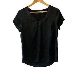 CONTEMPORAINE Black Sateen Finish V Neck Short Sleeve Dressy Top S